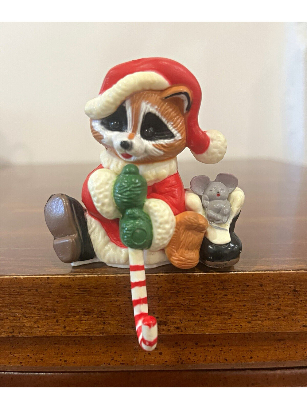 Vintage Christmas Raccoon Ceramic Figurine, Painted, Candy Cane Stocking Hanger